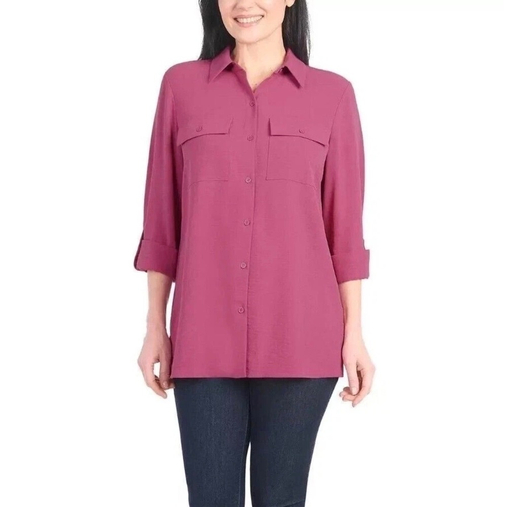 NWT Hilary Radley Womens Dark Pink‎ Button Down Roll Tab Utility Shirt XS Office